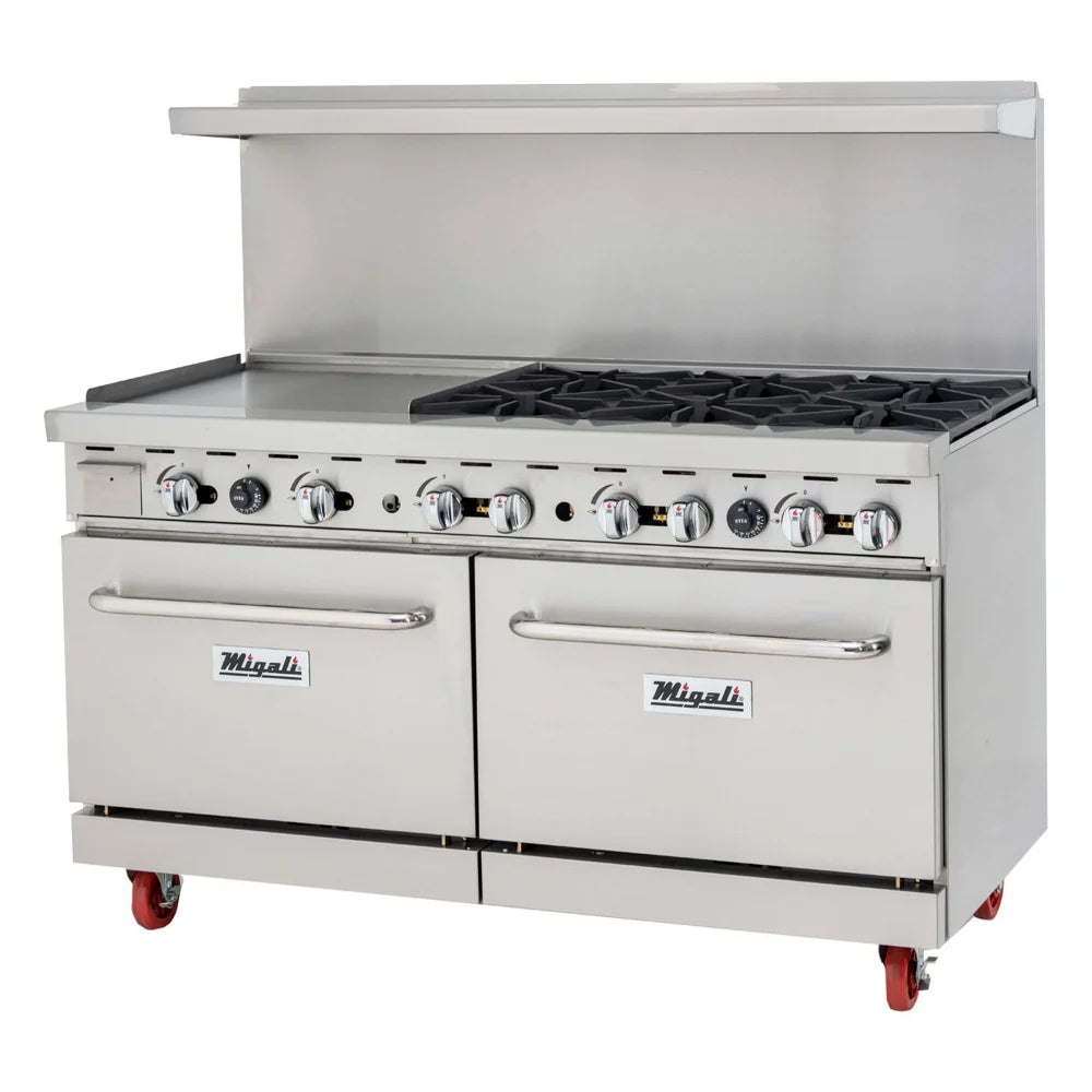 Migali C-RO6B-24GL-LP 60" 6 Burner Gas Range w/ Griddle & (2) Standard Ovens, Liquid Propane
