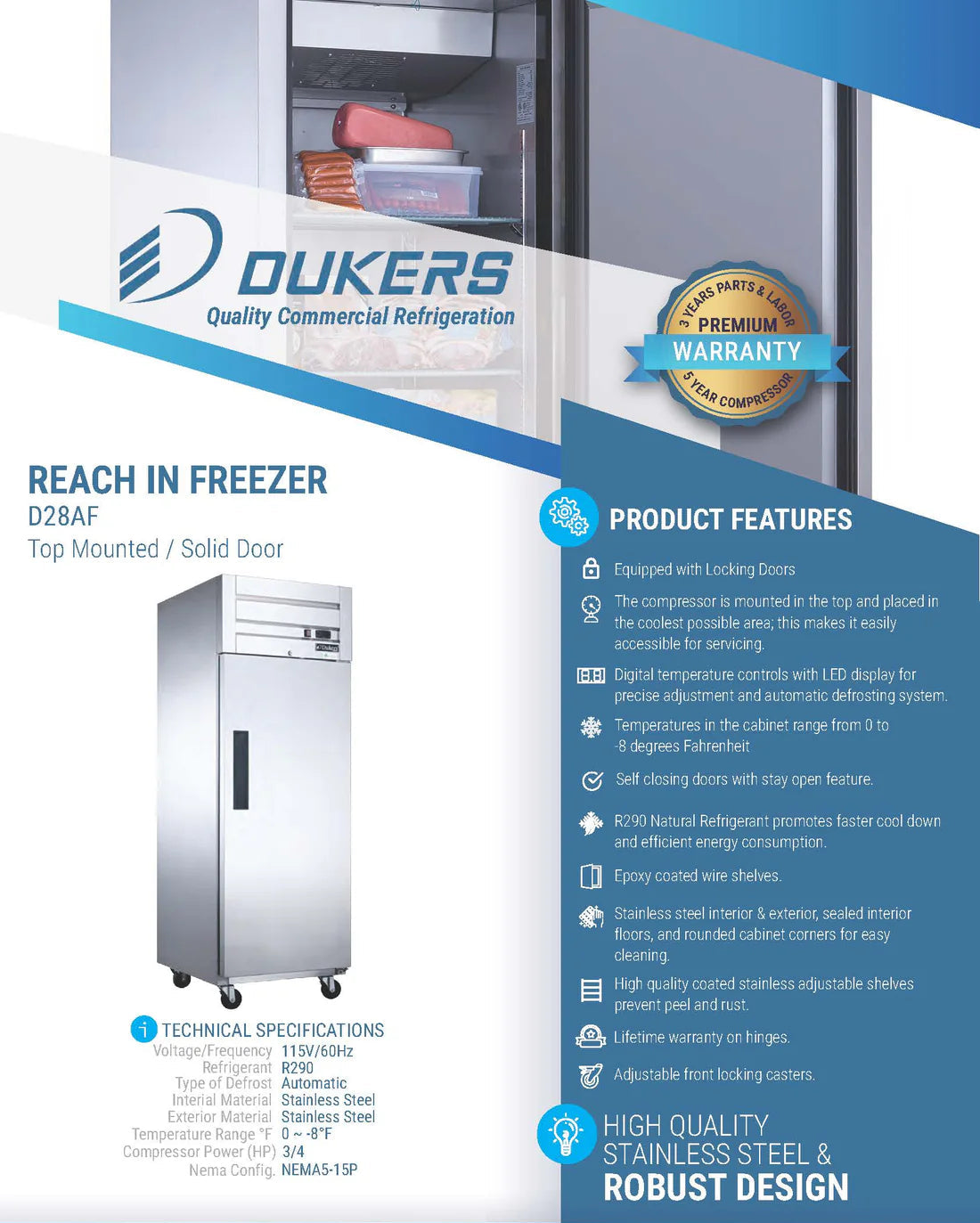 Dukers D28AF Commercial Single Door Top Mount Freezer in Stainless Steel