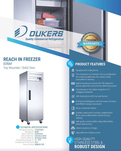 Dukers D28AF Commercial Single Door Top Mount Freezer in Stainless Steel