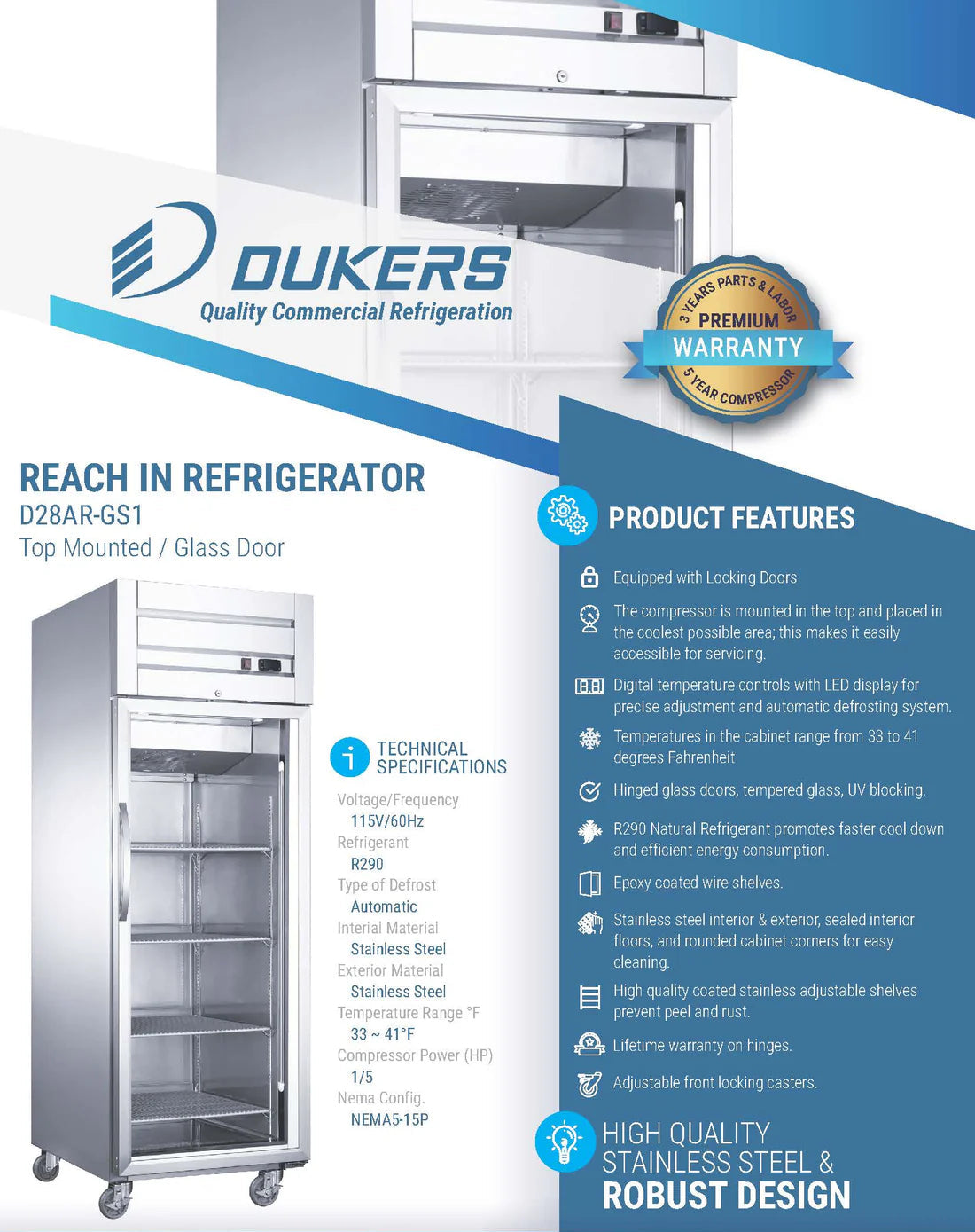 Dukers D28AR-GS1 Top Mount Single Glass Door Commercial Reach-in Refrigerator