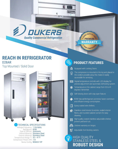 Dukers D28AR Commercial Single Door Top Mount Refrigerator in Stainless Steel