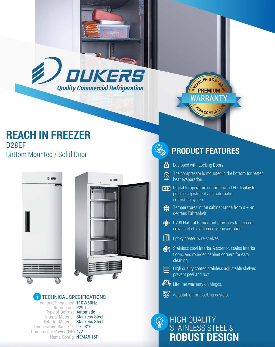Dukers D28EF Compact Single Door Commercial Freezer in Stainless Steel