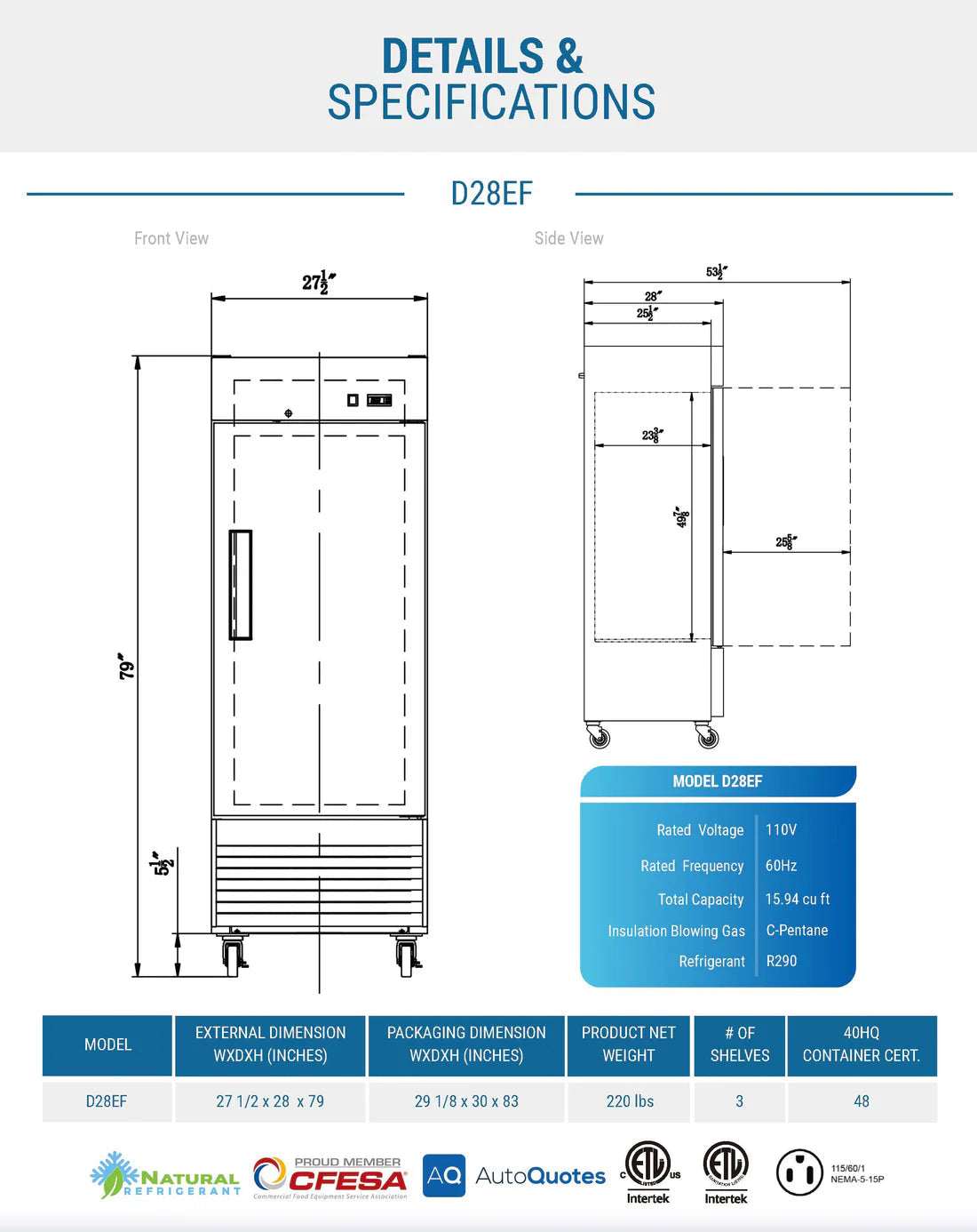 Dukers D28EF Compact Single Door Commercial Freezer in Stainless Steel