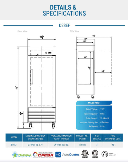 Dukers D28EF Compact Single Door Commercial Freezer in Stainless Steel