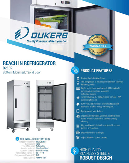 Dukers D28ER Compact Single Door Commercial Refrigerator in Stainless Steel