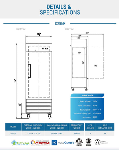 Dukers D28ER Compact Single Door Commercial Refrigerator in Stainless Steel