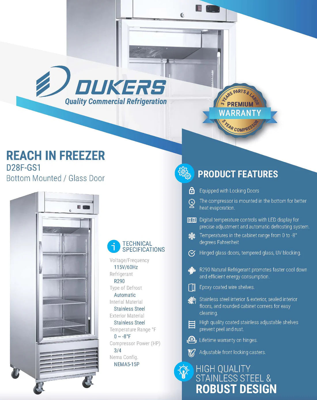 Dukers D28F-GS1 Bottom Mount Glass Single Door Commercial Reach-in Freezer