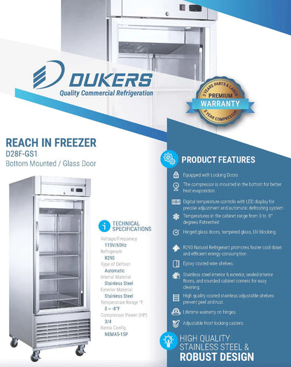 Dukers D28F-GS1 Bottom Mount Glass Single Door Commercial Reach-in Freezer