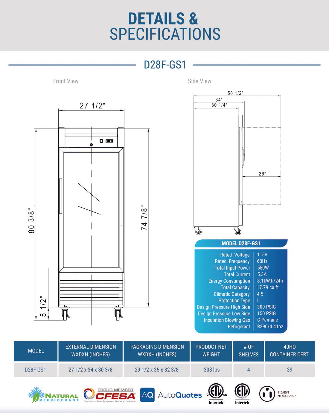 Dukers D28F-GS1 Bottom Mount Glass Single Door Commercial Reach-in Freezer