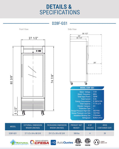 Dukers D28F-GS1 Bottom Mount Glass Single Door Commercial Reach-in Freezer