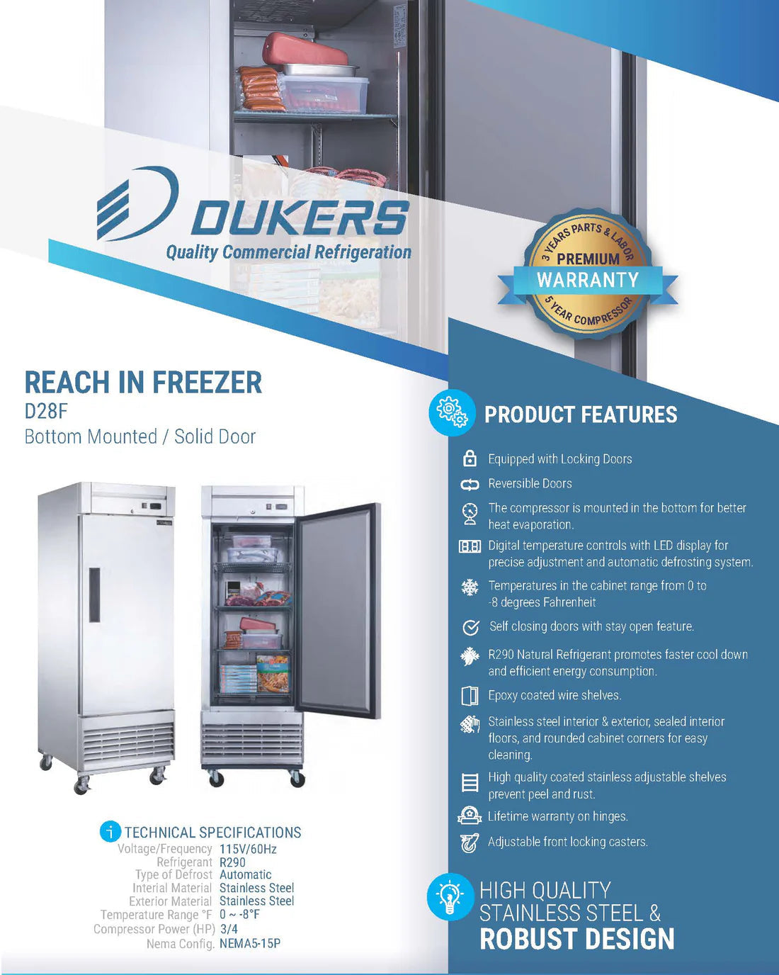 Dukers D28F Single Door Commercial Freezer in Stainless Steel