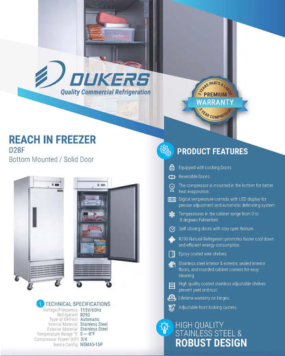 Dukers D28F Single Door Commercial Freezer in Stainless Steel