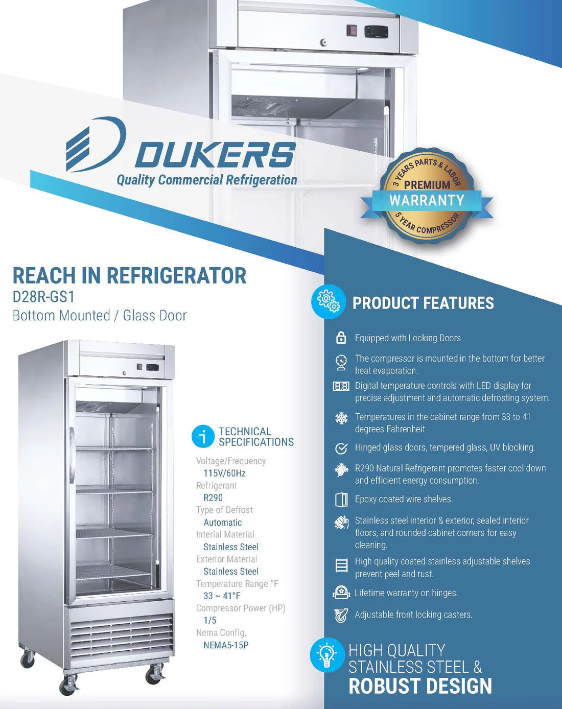 Dukers D28R-GS1 Bottom Mount Glass Single Door Commercial Reach-in Refrigerator