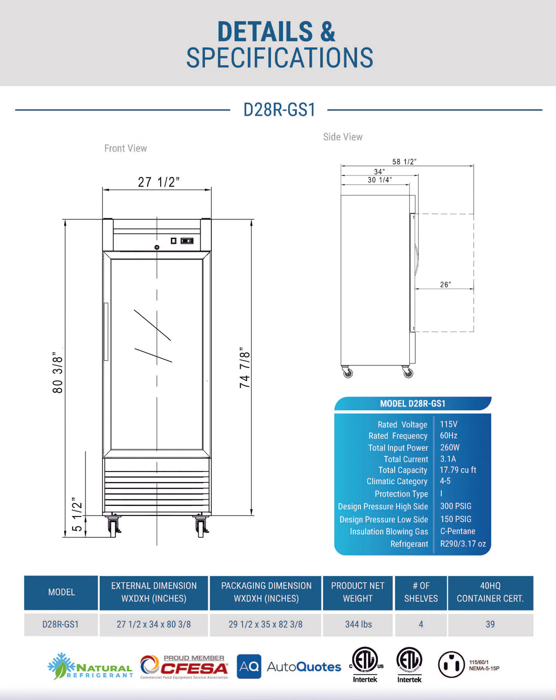 Dukers D28R-GS1 Bottom Mount Glass Single Door Commercial Reach-in Refrigerator