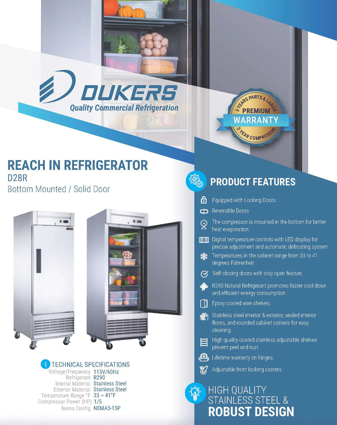 Dukers D28R Single Door Commercial Refrigerator in Stainless Steel