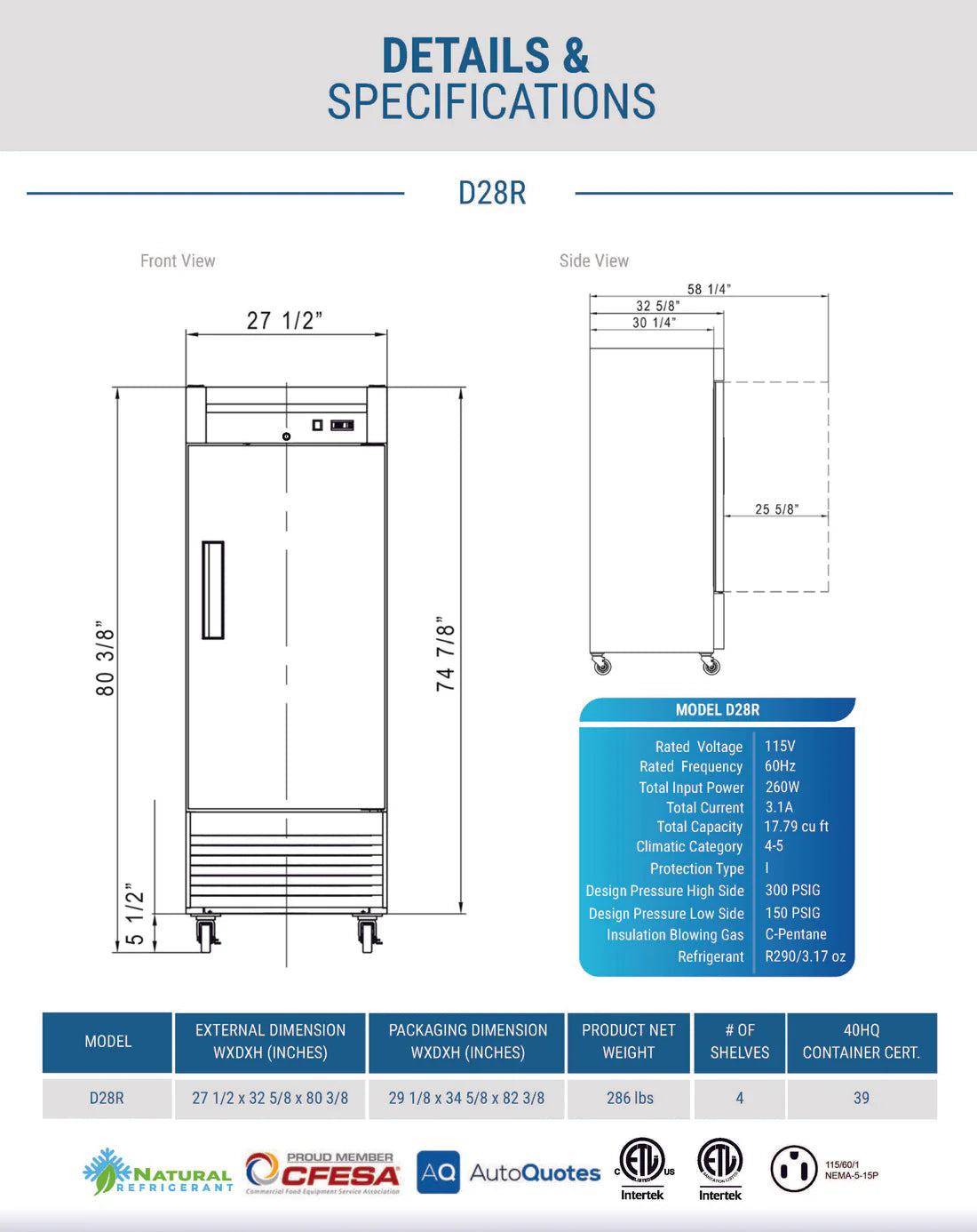 Dukers D28R Single Door Commercial Refrigerator in Stainless Steel