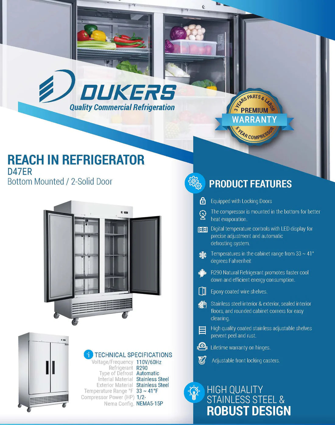 Dukers D47ER Compact 2-Door Commercial Refrigerator in Stainless Steel