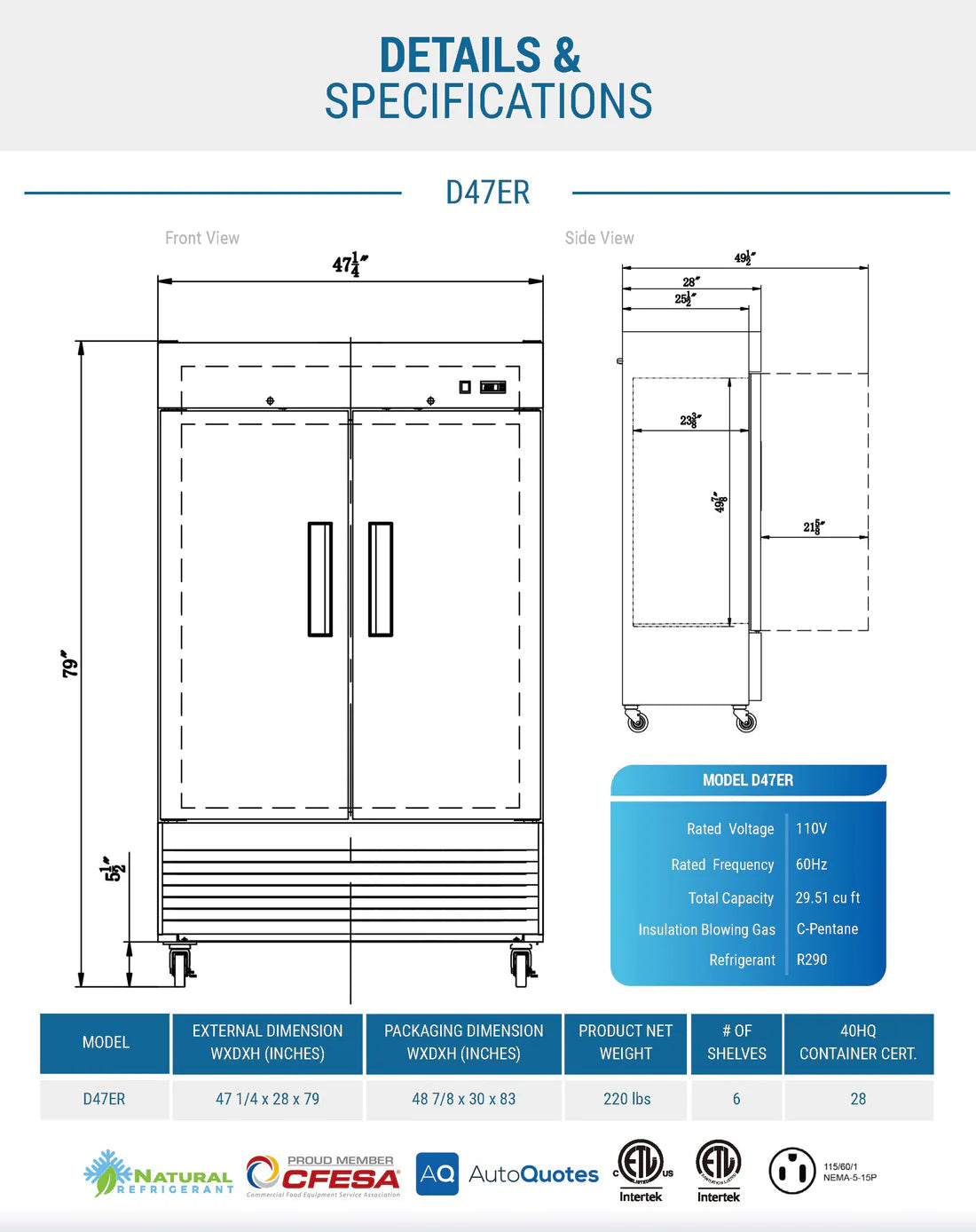 Dukers D47ER Compact 2-Door Commercial Refrigerator in Stainless Steel