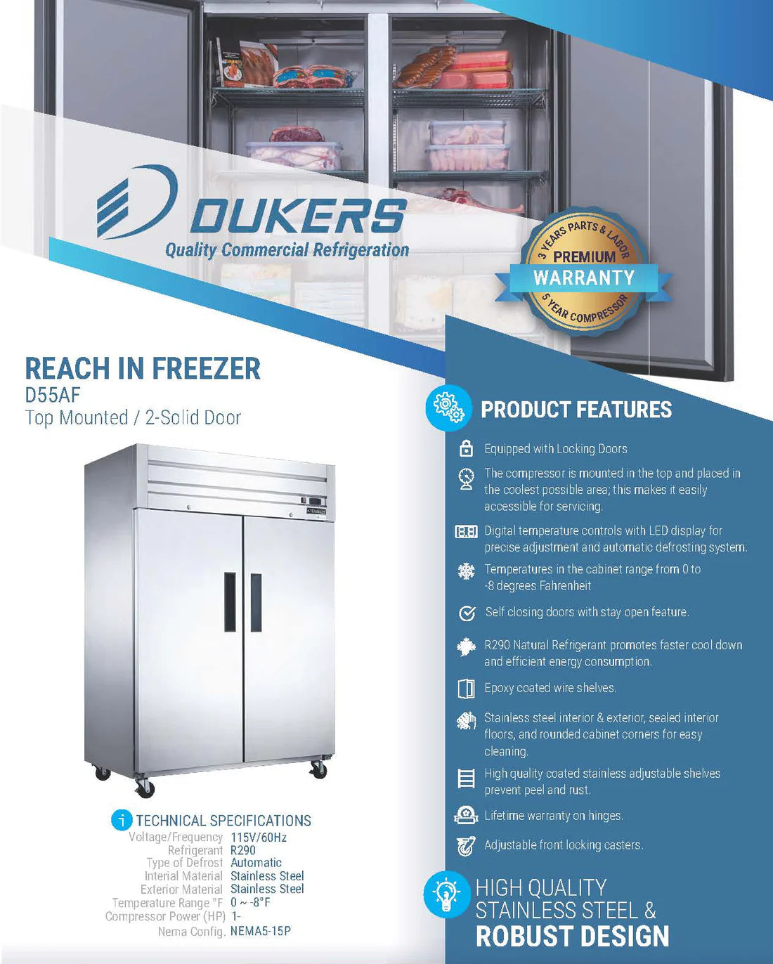 Dukers D55AF Commercial 2-Door Top Mount Freezer in Stainless Steel