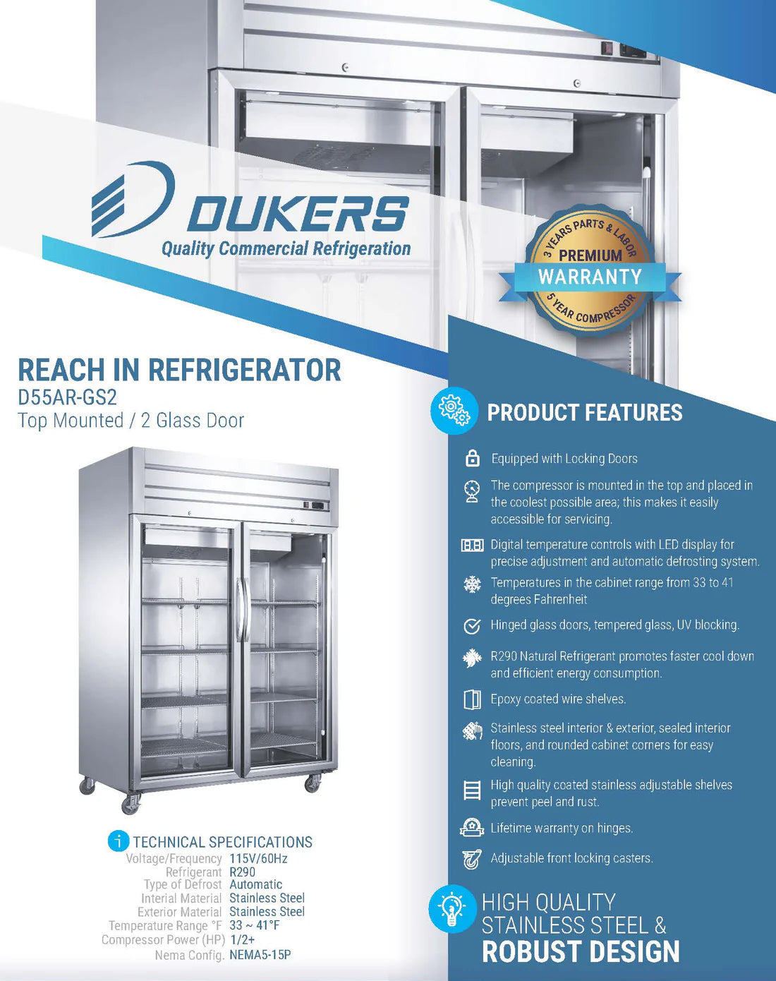 Dukers D55AR-GS2 Top Mount Glass 2-Door Commercial Reach-in Refrigerator