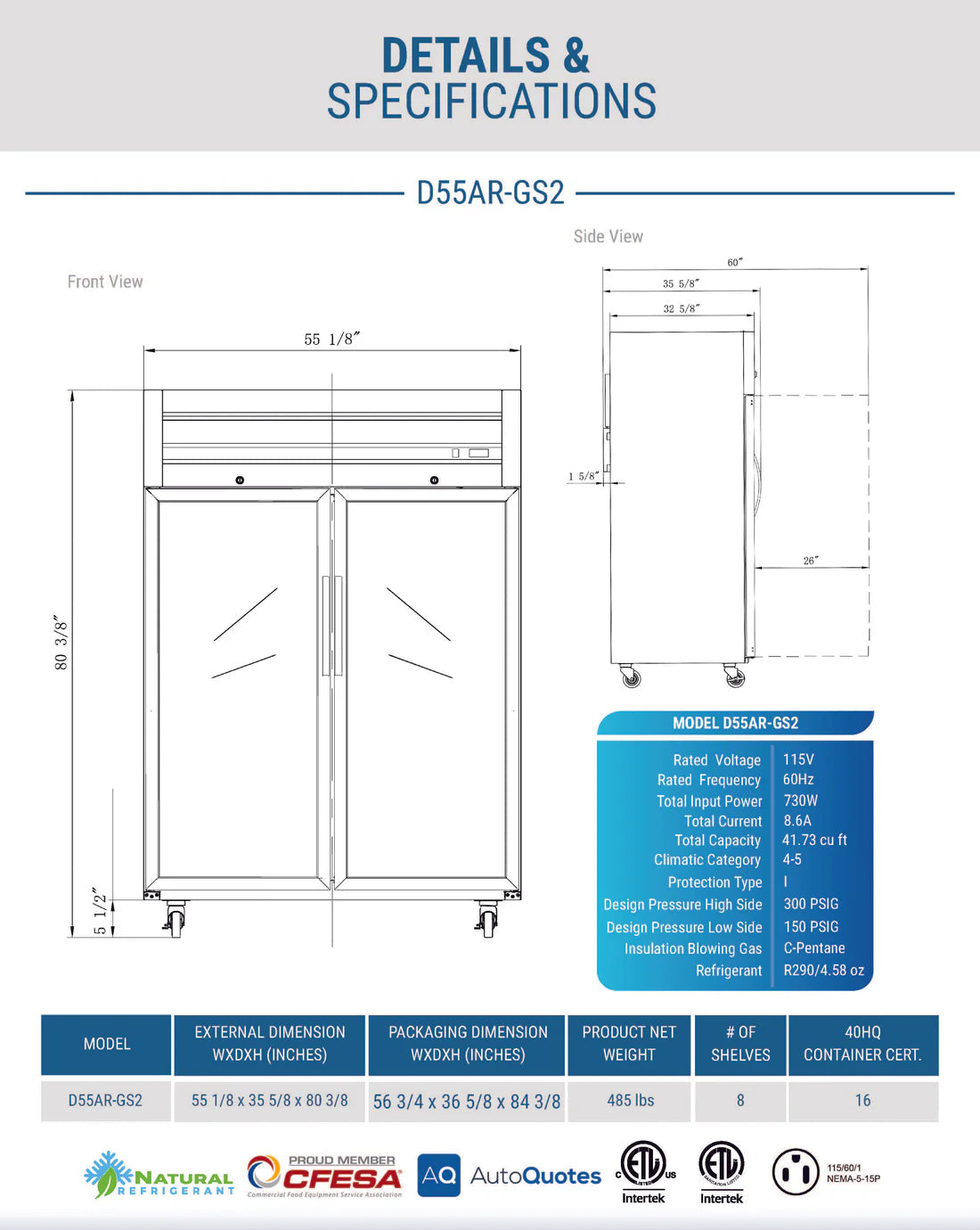 Dukers D55AR-GS2 Top Mount Glass 2-Door Commercial Reach-in Refrigerator