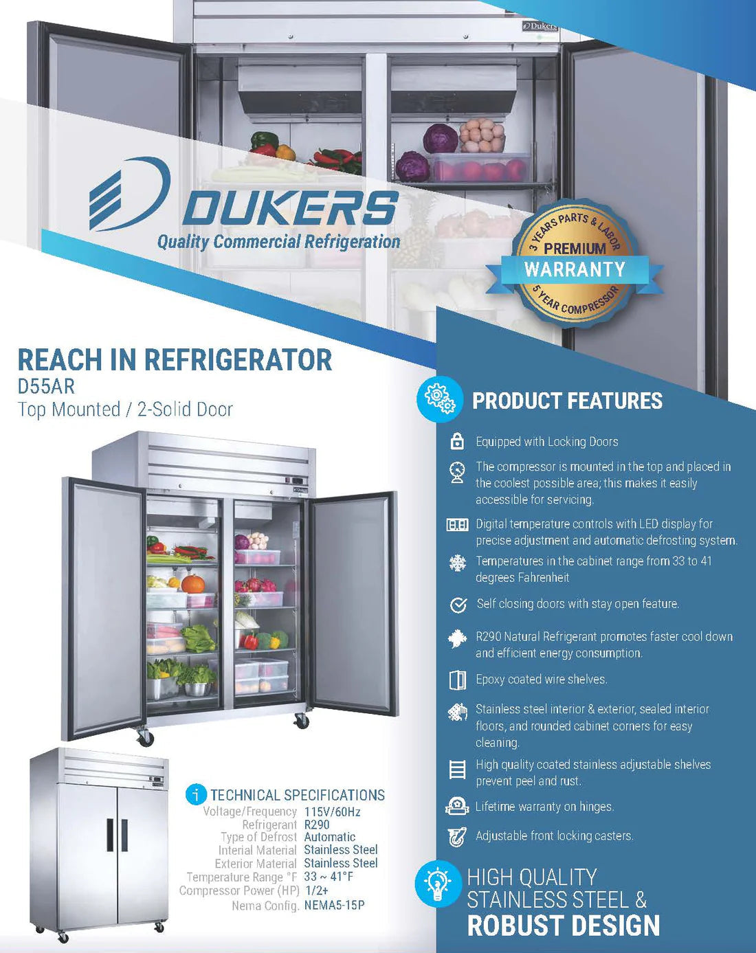 Dukers D55AR Commercial 2-Door Top Mount Refrigerator in Stainless Steel