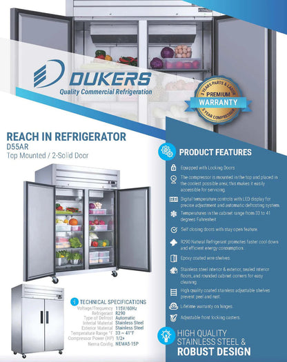 Dukers D55AR Commercial 2-Door Top Mount Refrigerator in Stainless Steel