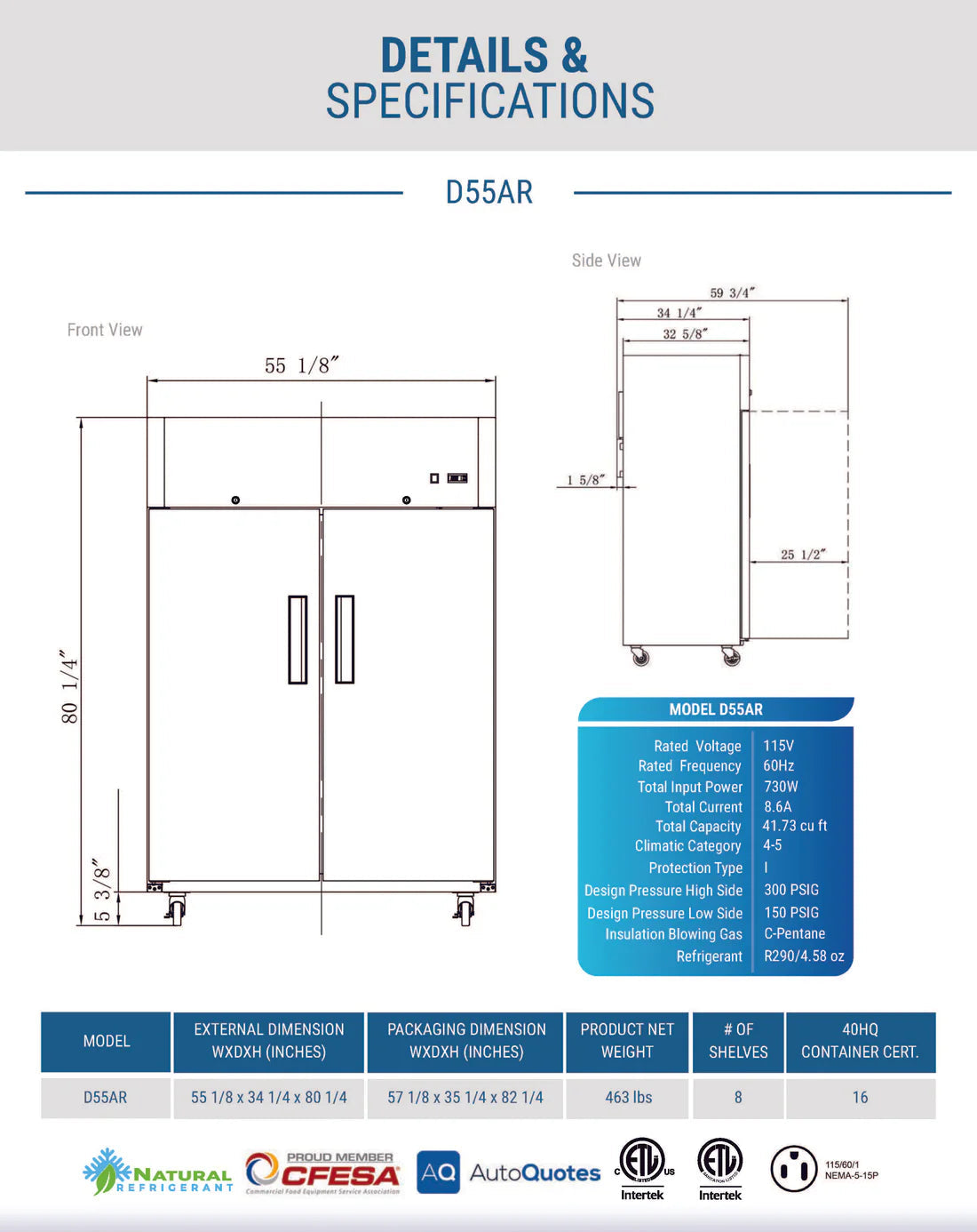 Dukers D55AR Commercial 2-Door Top Mount Refrigerator in Stainless Steel