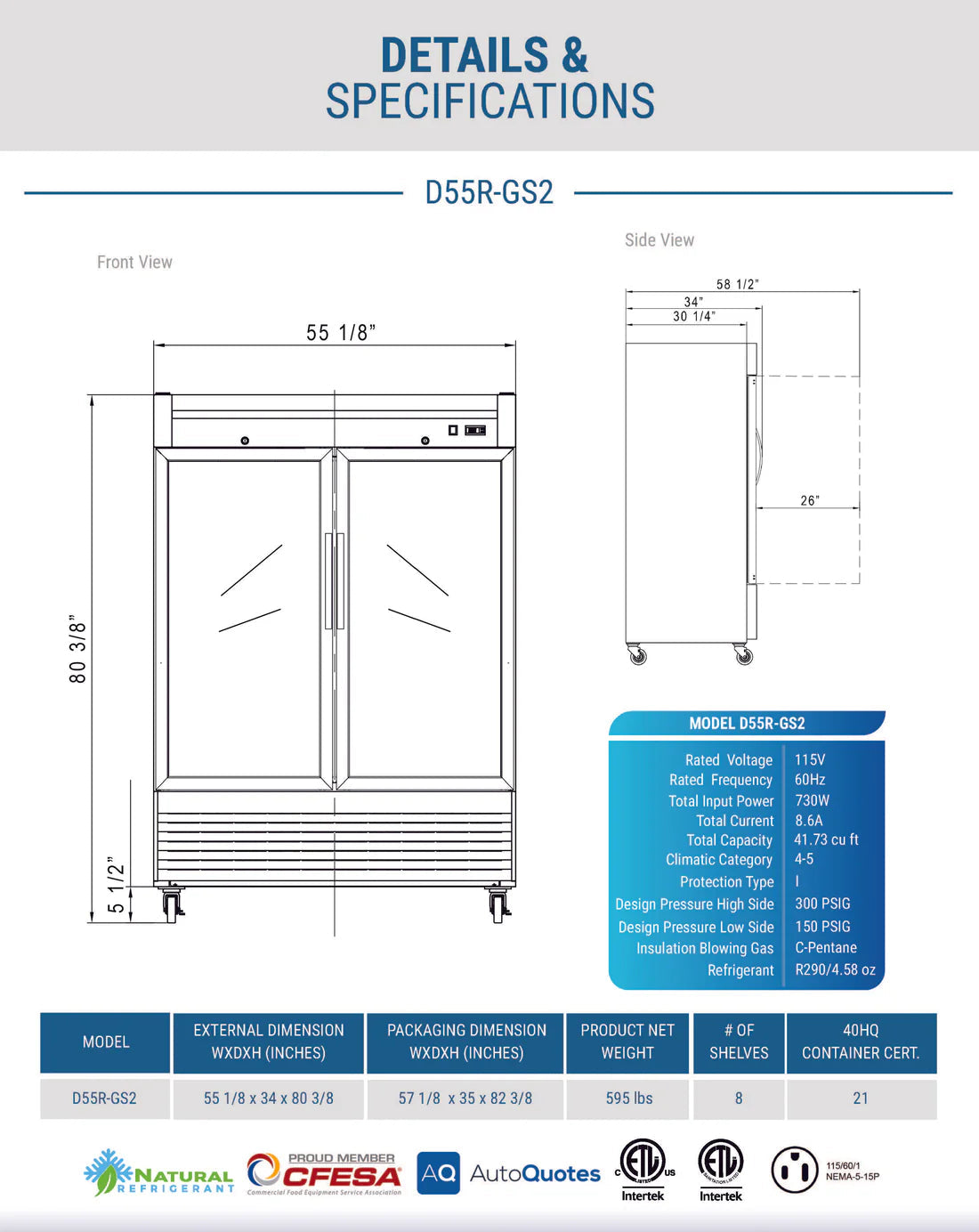 Dukers D55R-GS2 Bottom Mount Glass 2-Door Commercial Reach-in Refrigerator
