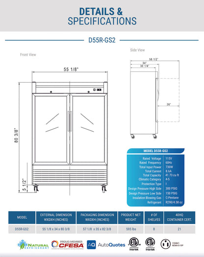 Dukers D55R-GS2 Bottom Mount Glass 2-Door Commercial Reach-in Refrigerator