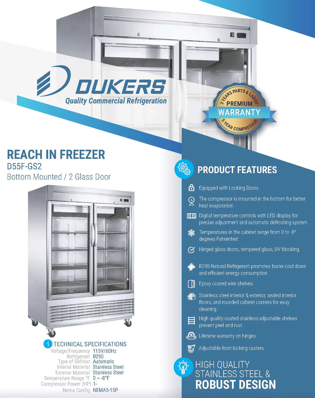 Dukers D55F-GS2 Bottom Mount Glass 2-Door Commercial Reach-in Freezer