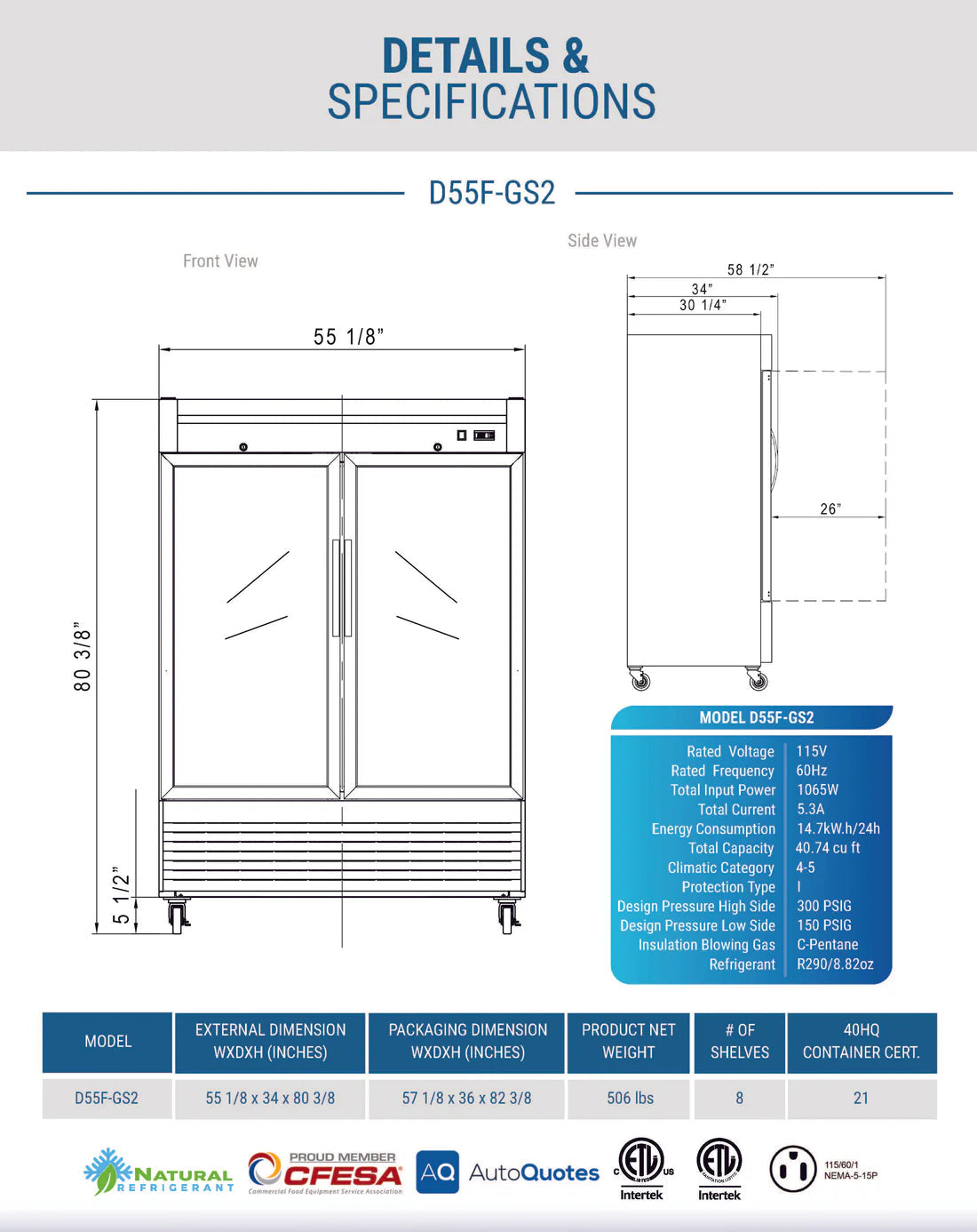 Dukers D55F-GS2 Bottom Mount Glass 2-Door Commercial Reach-in Freezer