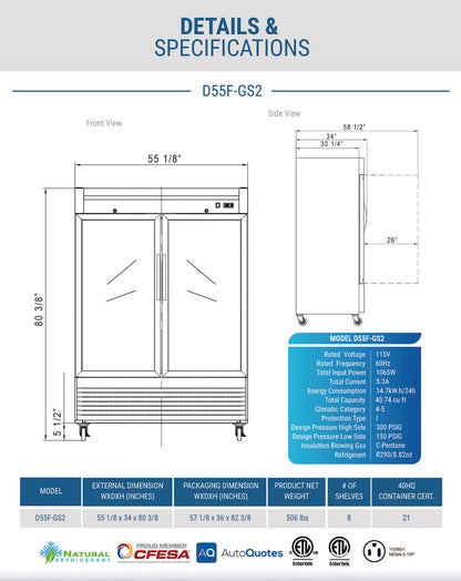 Dukers D55F-GS2 Bottom Mount Glass 2-Door Commercial Reach-in Freezer