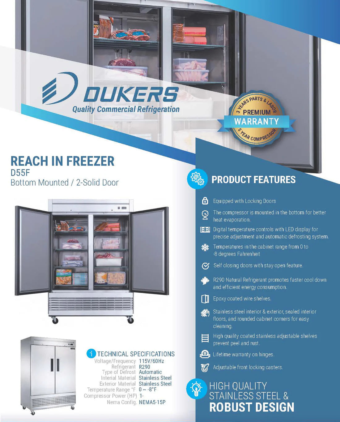 Dukers D55F 2-Door Commercial Freezer in Stainless Steel