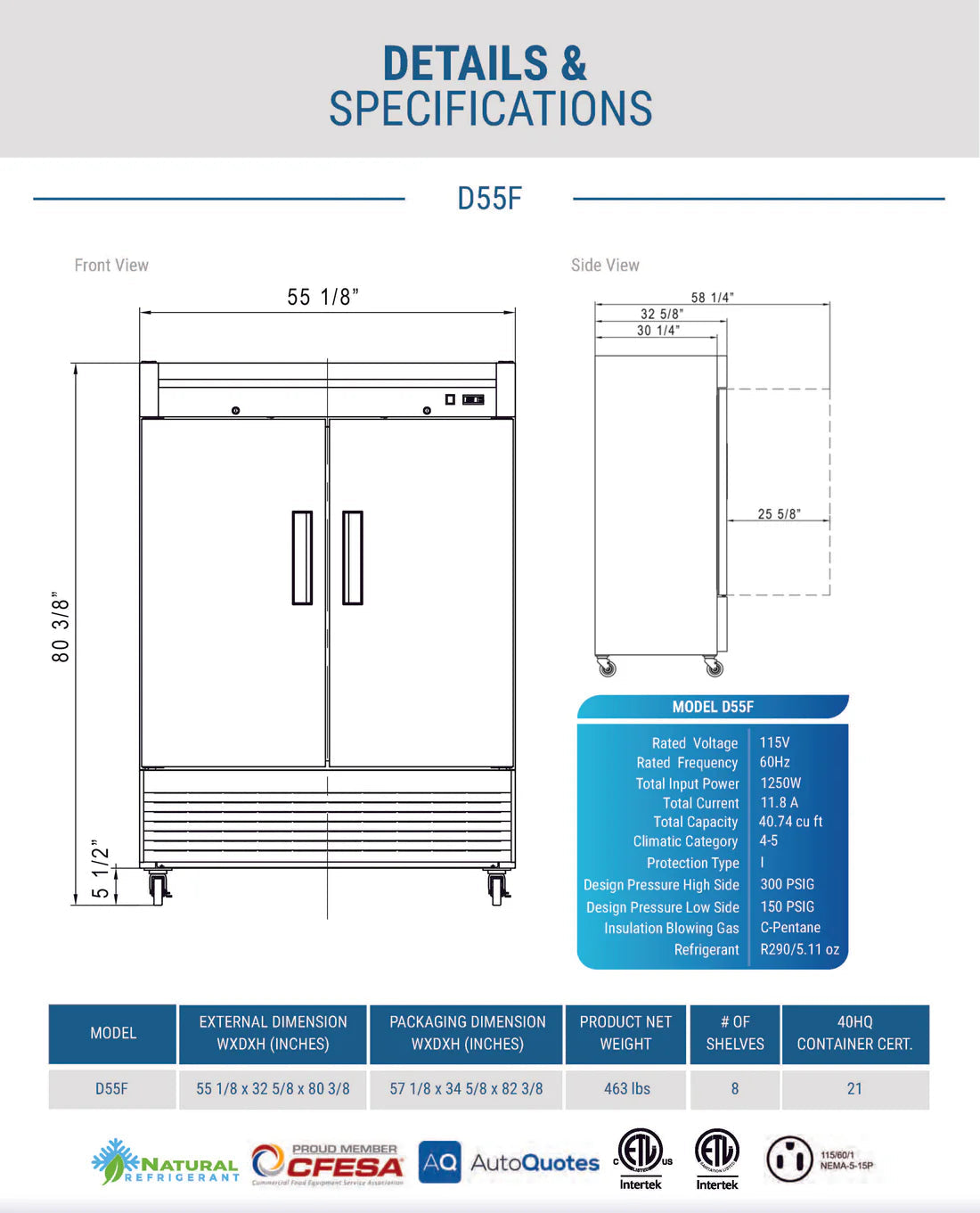 Dukers D55F 2-Door Commercial Freezer in Stainless Steel