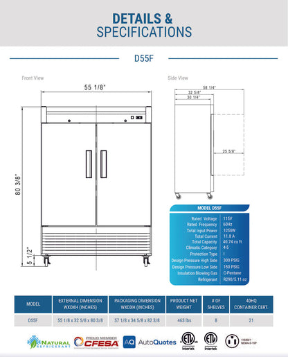 Dukers D55F 2-Door Commercial Freezer in Stainless Steel