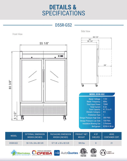 Dukers D55R-GS2 Bottom Mount Glass 2-Door Commercial Reach-in Refrigerator