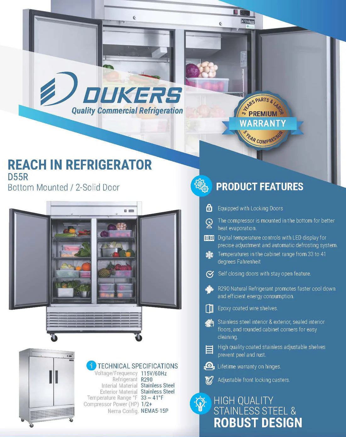 Dukers D55R 2-Door Commercial Refrigerator in Stainless Steel
