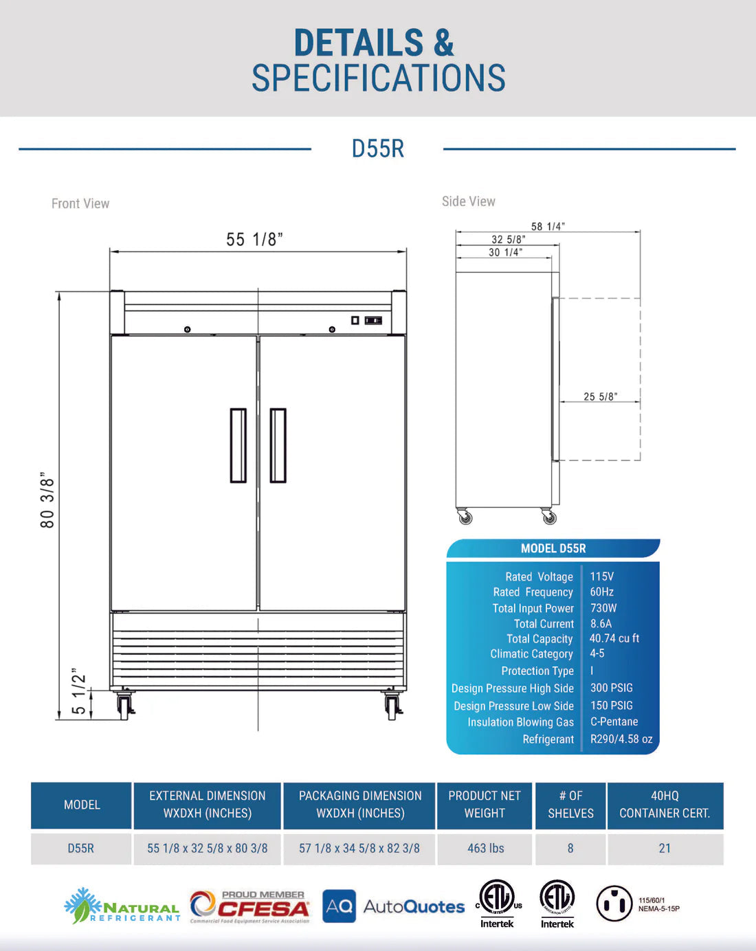 Dukers D55R 2-Door Commercial Refrigerator in Stainless Steel