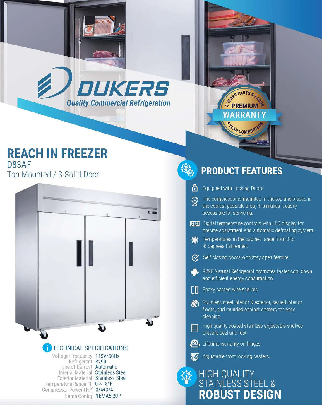 Dukers D83AF Commercial 3-Door Top Mount Freezer in Stainless Steel