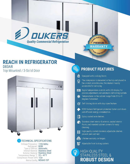 Dukers D83AR Commercial 3-Door Top Mount Refrigerator in Stainless Steel
