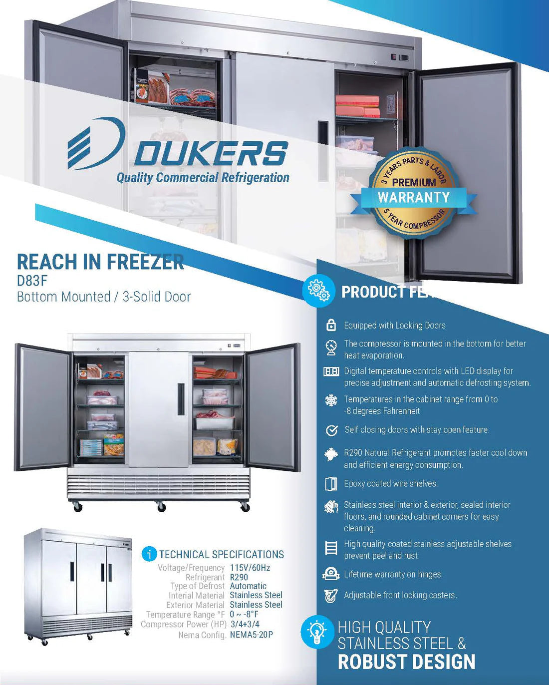 Dukers D83F 3-Door Commercial Freezer in Stainless Steel