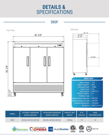 Dukers D83F 3-Door Commercial Freezer in Stainless Steel