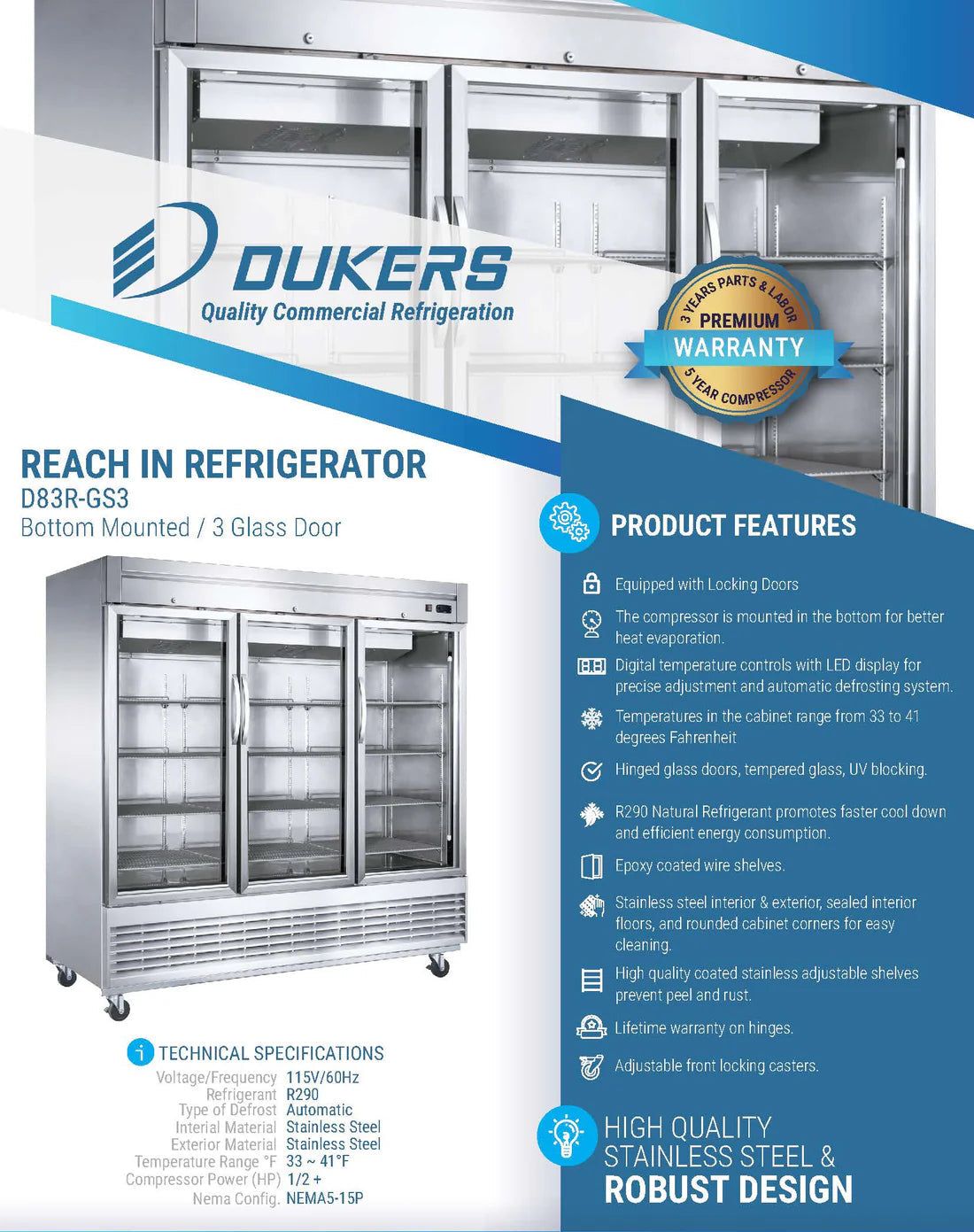 Dukers D83R-GS3 Bottom Mount Glass 3-Door Commercial Reach-in Refrigerator