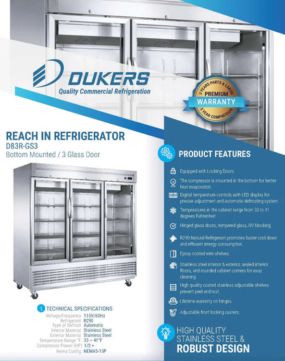 Dukers D83R-GS3 Bottom Mount Glass 3-Door Commercial Reach-in Refrigerator