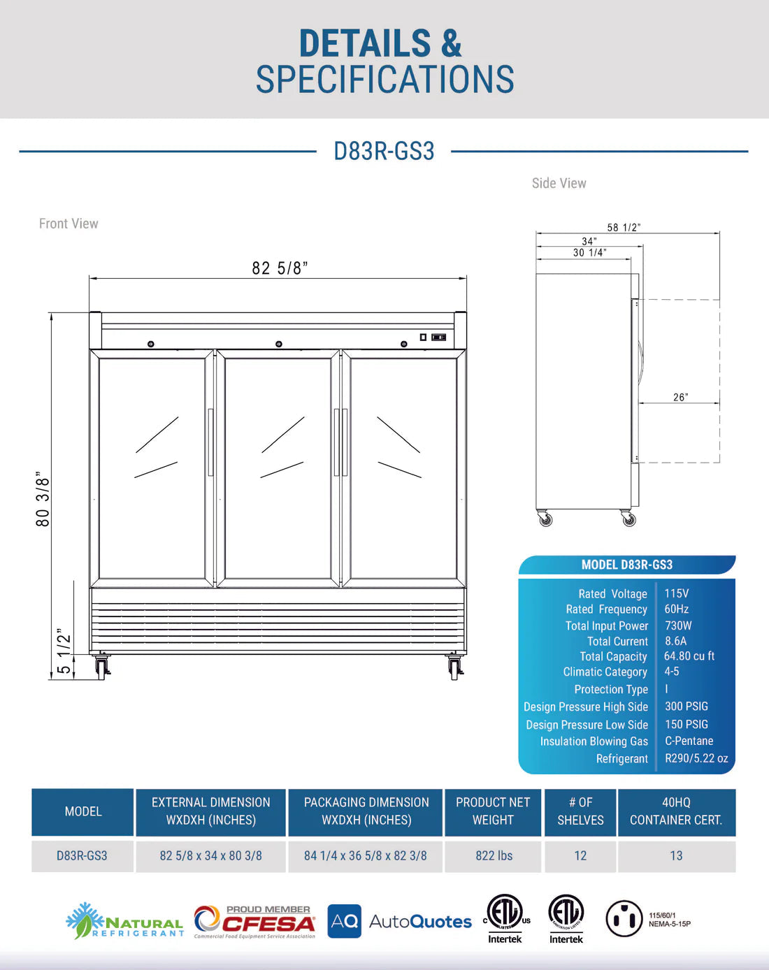 Dukers D83R-GS3 Bottom Mount Glass 3-Door Commercial Reach-in Refrigerator
