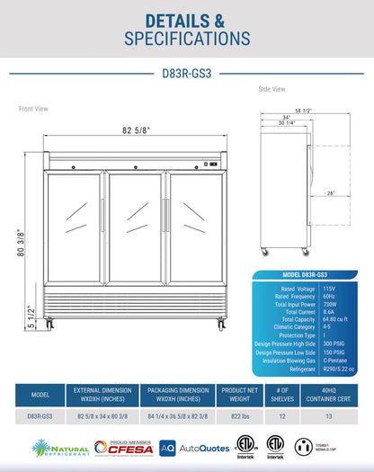 Dukers D83R-GS3 Bottom Mount Glass 3-Door Commercial Reach-in Refrigerator