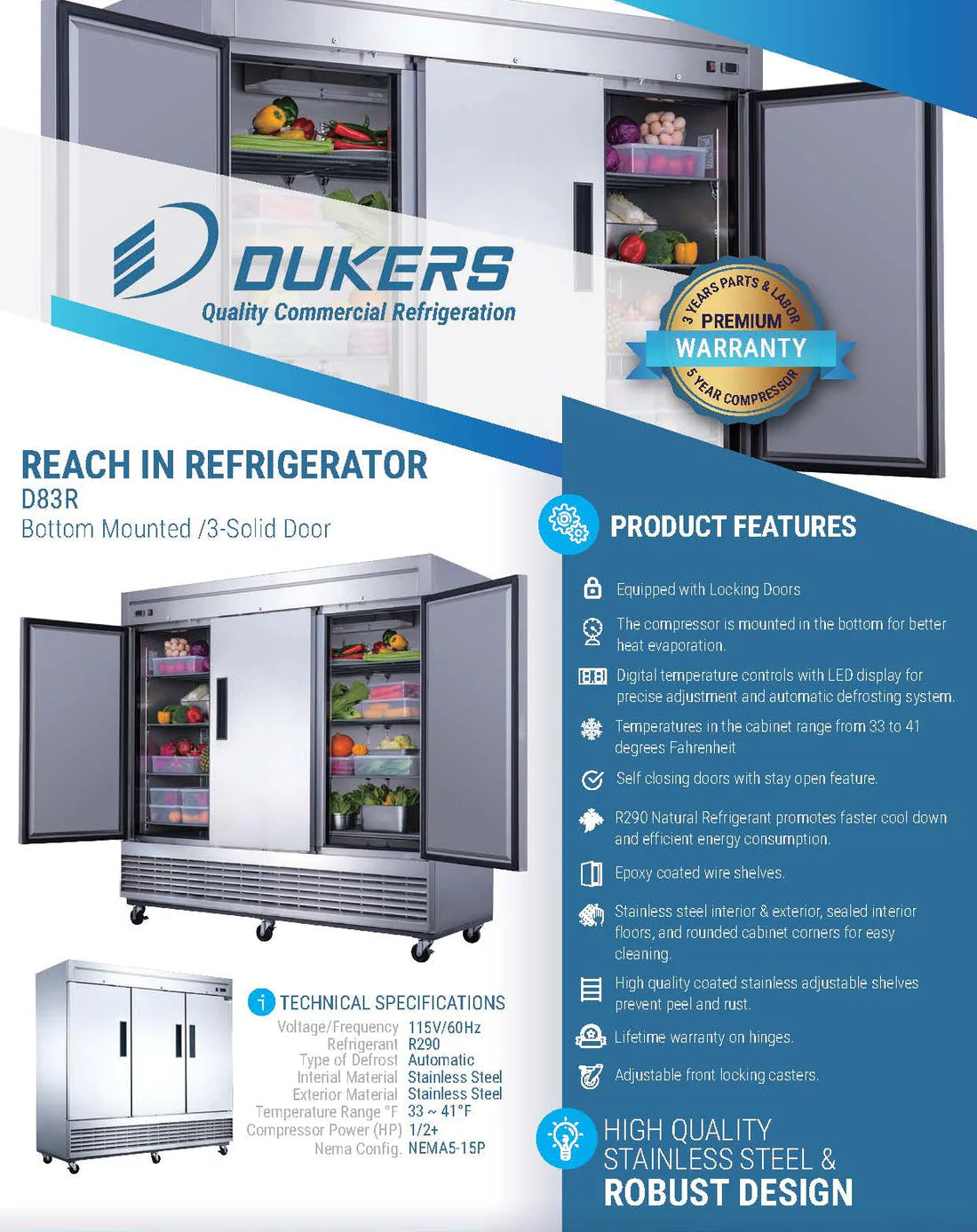 Dukers D83R 3-Door Commercial Refrigerator in Stainless Steel