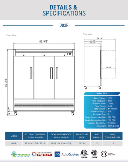 Dukers D83R 3-Door Commercial Refrigerator in Stainless Steel