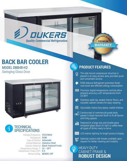 Dukers DBB48-H2 2-Door Bar and Beverage Cooler (Hinge Doors)